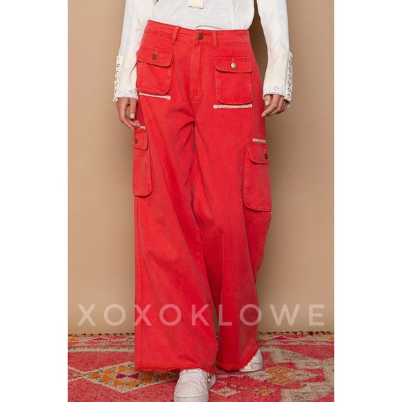 POL Red Cargo Pants Wide Leg Loose Slouchy Fit - Picture 10 of 15